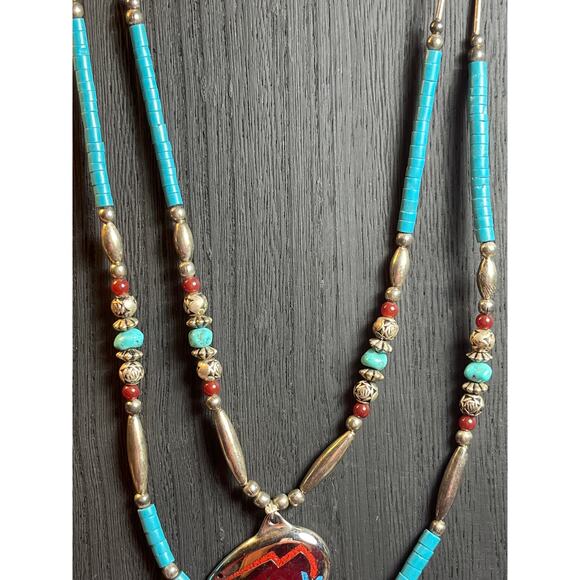 SSL Sterling Silver Turquoise Coral Inlay Bear Necklace Southwest Double Strand - Picture 3 of 6